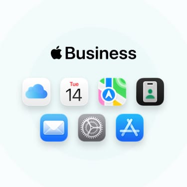 A lineup of business-related apps and tools including iCloud, Calendar, Maps, Apple Business, Mail, Settings, and App Store.