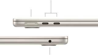 „MacBook Air“, uždarytas, kairė pusė, demonstruojamas „MagSafe“ ir du „Thunderbolt“ prievadai, dešinė pusė, rodoma ausinių jungtis