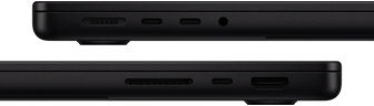 Demonstruojami „MacBook Pro“ prievadai: kairėje pusėje „MagSafe 3“ prievadas, du „Thunderbolt“ prievadai ir ausinių jungtis; dešinėje pusėje SDXC kortelių lizdas, vienas „Thunderbolt“ prievadas ir HDMI