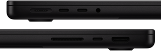 Demonstruojami „MacBook Pro“ prievadai: kairėje pusėje „MagSafe 3“ prievadas, du „Thunderbolt“ prievadai ir ausinių jungtis; dešinėje pusėje SDXC kortelių lizdas, vienas „Thunderbolt“ prievadas ir HDMI