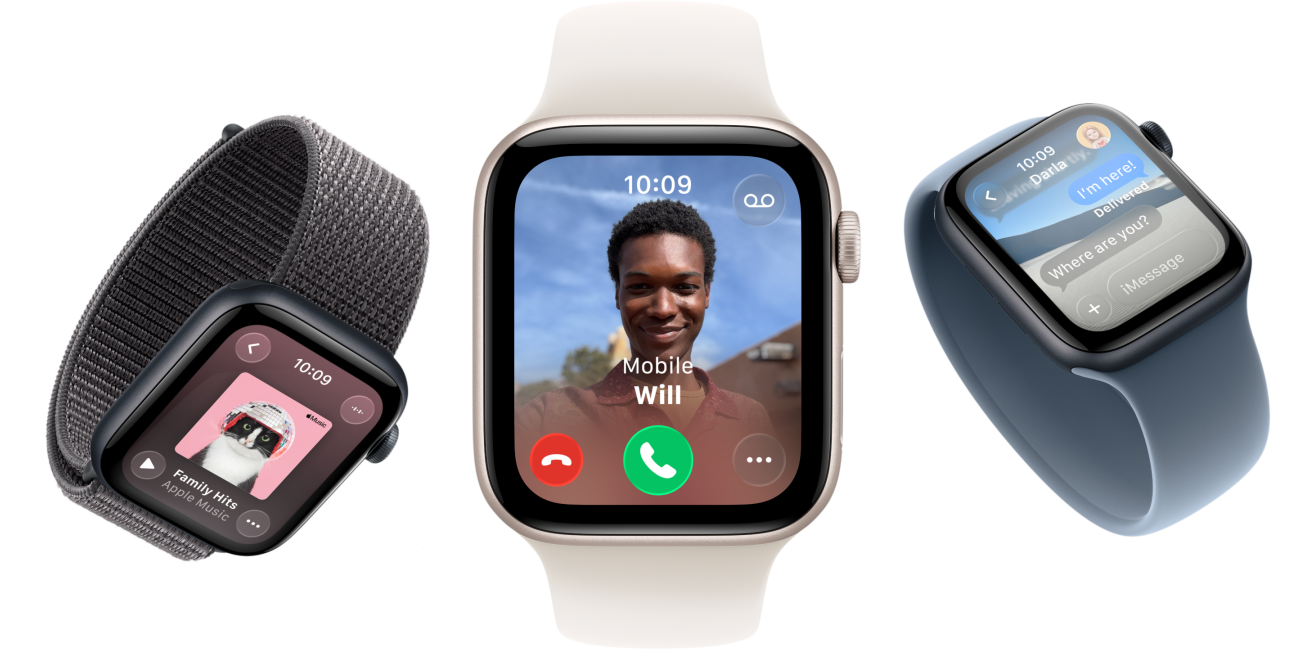 Apple Watch SE 3, boîtiers en aluminium, couleurs lumière stellaire et minuit, Boucle Sport, couleur gris foncé, Boucle Solo, couleur rose tendre, Boucle Solo, couleur bleu maritime, écrans : Apple Music, appel entrant, Messages