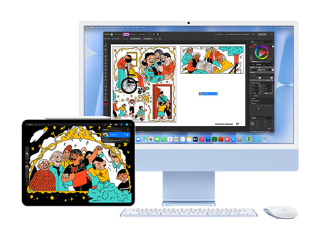 Une illustration originale et ludique affichée sur un iPad et un iMac sous macOS Tahoe. Sur l’iMac, la même illustration se trouve dans une app créative.