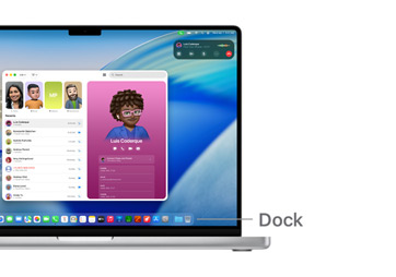Une visite guidée de la navigation macOS sur un MacBook Pro 14″ avec des lignes indiquant l’emplacement du Dock.
