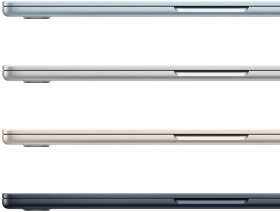 Četri MacBook Air modeļi sānskatā, katrs ar citādu apdari