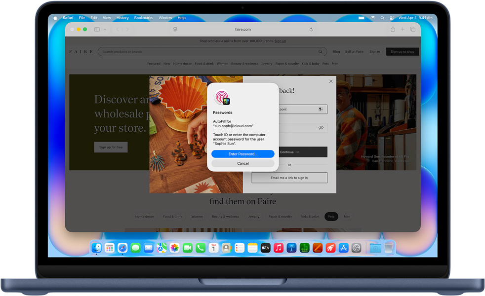 MacBook Neo indigo krāsā, Safari logs ar aicinājumu lietotājam pieteikties, izmantojot Touch ID vai paroli, interneta lapā ar nosaukumu Community Care Clinic