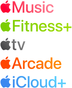 شعارات الخدمات المتوفرة للاشتراك من&nbsp;Apple بما&nbsp;في&nbsp;ذلك Apple&nbsp;Music، و+Fitness، وApple&nbsp;TV وApple&nbsp;Arcade، و+iCloud‏