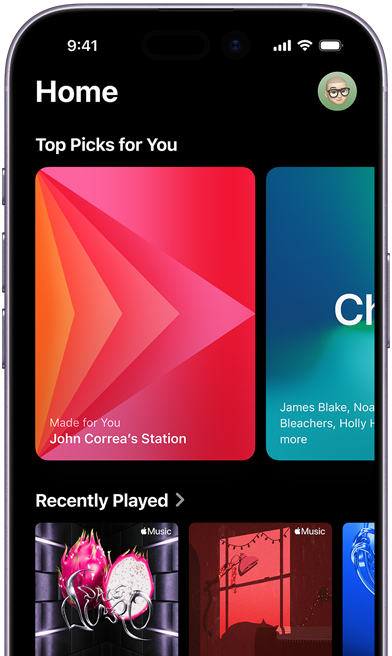 Apple Music Home tab screen on iPhone, Top Picks for You carousel showing Kim Petras’ personalized stations and playlists