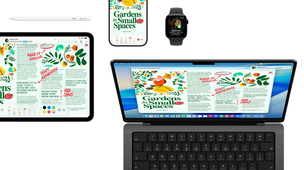 A suite of devices including an iPad, iPhone, Apple Watch, and macOS Tahoe on Mac, which all show the same magazine layout.
