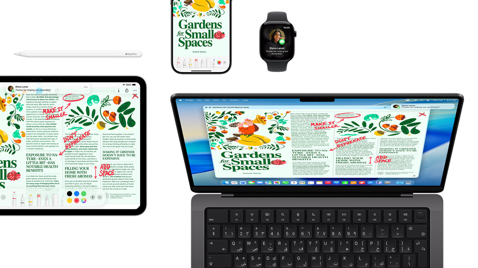 مجموعة من&nbsp;الأجهزة تشمل iPad وiPhone وApple&nbsp;Watch ونظام&nbsp;macOS Tahoe على&nbsp;Mac، تعرض جميعها تصميم المجلة ذاته.