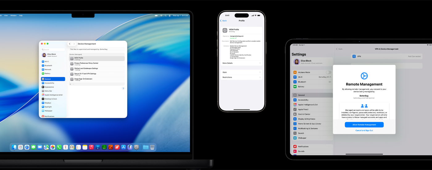 صورة لثلاثة أجهزة من&nbsp;Apple: على&nbsp;الجهة اليسرى، كمبيوتر&nbsp;Mac يعرض نافذة إدارة&nbsp;الأجهزة. في&nbsp;الوسط، جهاز&nbsp;iPhone يعرض إعدادات ملف تعريف إدارة&nbsp;الأجهزة&nbsp;المحمولة (MDM). على&nbsp;الجهة اليمنى، جهاز&nbsp;iPad يعرض نافذة الإدارة عن&nbsp;بُعد.