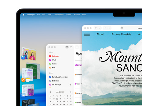 نوافذ وتطبيقات متعددة معروضة على&nbsp;شاشة باستخدام منظم&nbsp;الواجهة، وتشمل Keynote وPages والبريد وموقع&nbsp;ويب، مع نظام 
macOS&nbsp;Tahoe في&nbsp;الخلفية.