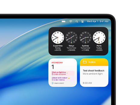 سطح المكتب في Mac يعرض macOS&nbsp;Tahoe وأدوات متنوعة تشمل الساعة والتقويم والملاحظات.