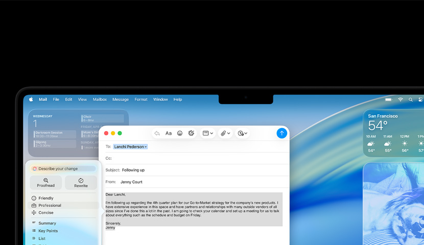 سطح المكتب في Mac يعرض إيميل للأعمال يتضمن مطالبة من Apple Intelligence.‏ خلف نافذة الإيميل تظهر أدوات مختلفة وخلفية نظام macOS Tahoe‏.
