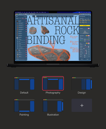 شاشة MacBook&nbsp;Pro مقاس 16&nbsp;إنش، صورة تعرض ربط الصخور بطريقة حرفية، أدوات تعديل الألوان وتوازن اللون الأبيض