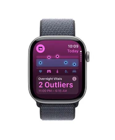 Apple Watch Series 11，太空灰色鋁金屬錶殼，維生指數 app 展示健康評分圖表和整夜維生指數偏離正常水平通知；右側外觀展示數碼錶冠，配搭深灰色運動手環
