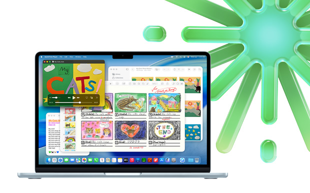 天藍色的 MacBook，畫面顯示 Quicktime、備忘錄、Keynote 和相片，以展示運用多個 app 進行多工處理的能力