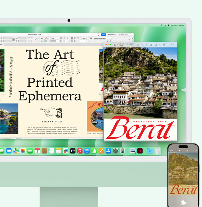 綠色 iMac 和 iPhone 並排展示，用 iPhone 掃描的檔案出現在 iMac 螢幕上