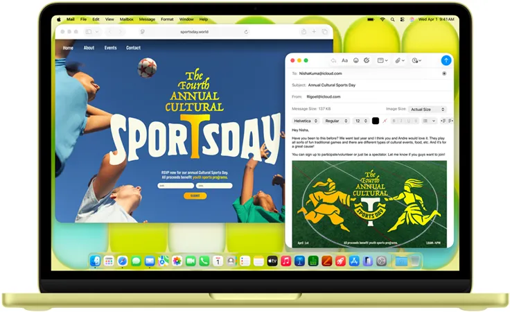 在橘黃色 MacBook&nbsp;Neo 上，用户正撰寫一項體育活動的邀請電郵，旁邊開著活動網站