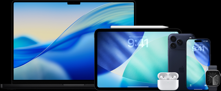 Productos Apple, como la MacBook Pro, el iPad, el Apple Pencil Pro, los AirPods Pro 2, el iPhone 17 Pro Max, el iPhone 17 Pro y el Apple Watch Series 11.