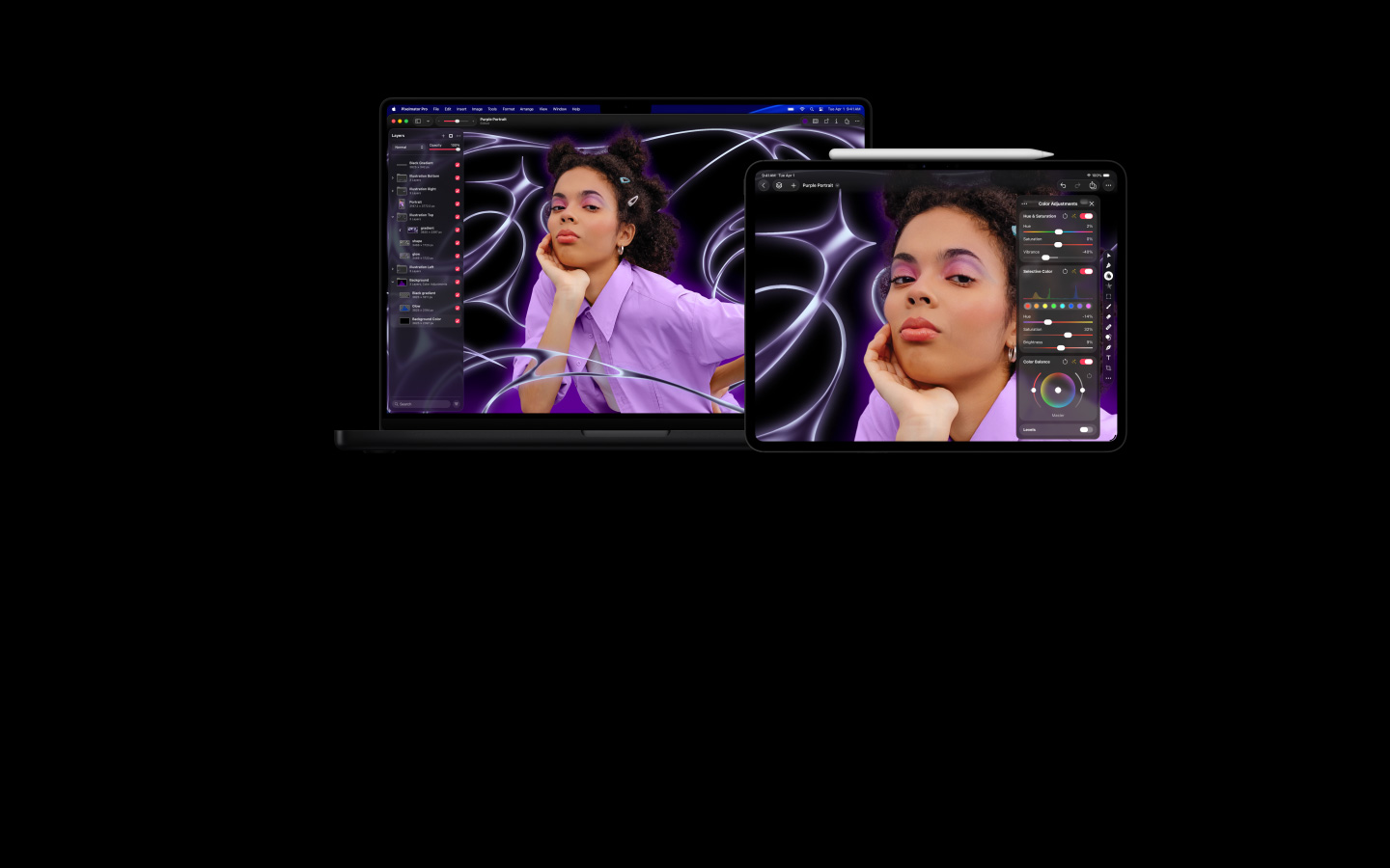 Imagen de una persona con pelo crespo y una camisa morada, fondo abstracto estilizado, una MacBook Pro de 16 pulgadas y un iPad Pro de 13 pulgadas se mueven con la imagen, las pantallas muestran el espacio de trabajo de Pixelmator Pro con el panel de capas al costado, edición de imágenes