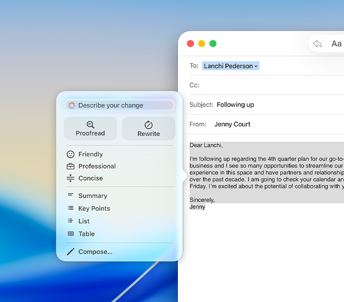 Mail app with an Apple Intelligence Writing Tools panel showing options to proofread, rewrite and adjust tone