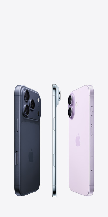 iPhone 17 Pro, back exterior, Pro Fusion camera system spanning across the top, iPhone Air, very thin titanium side, iPhone 17, back exterior, Advanced dual-camera system in top left corner