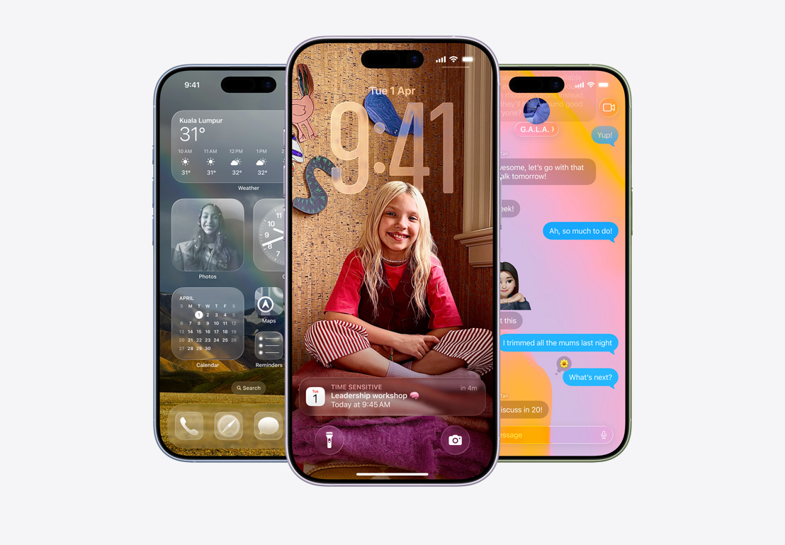 iPhone 17 devices, front exterior, finishes: mist blue, lavender, sage, iOS 26 features — Home Screen with various apps displayed, Calendar pop-up on personalised Lock Screen, iPhone screen showing Messages with Liquid Glass design