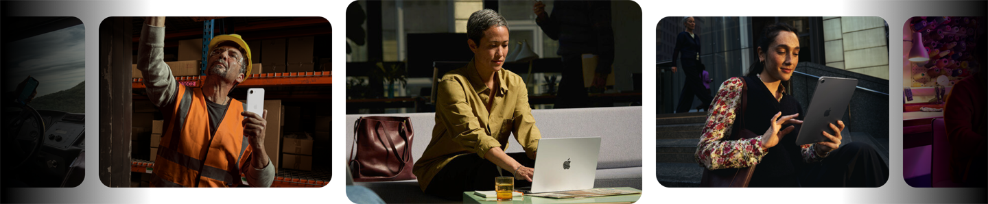 People in various work environments using Apple products, including  iPhone, MacBook and iPad