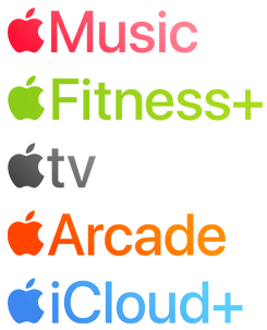 Apple subscription services logotypes including Apple Music, Fitness+, Apple TV+, Apple Arcade, iCloud+