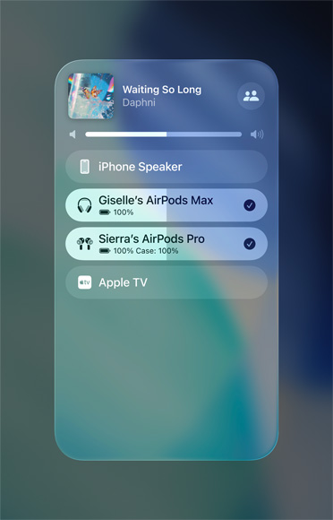 AirPlay screen on iPhone showing how to easily share an audio stream between two sets of AirPods