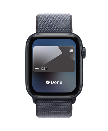 Apple Watch SE 3, aluminum case, midnight color, Apple Pay in Apple Wallet, right side exterior, Digital Crown, band, Sport Loop, anchor blue color