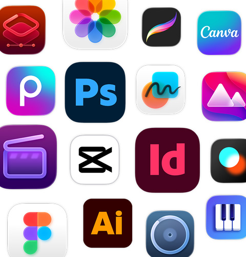 An array of creativity app icons, including Adobe Illustrator, Canva, CapCut, and Figma