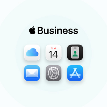 Aplikacje i narzędzia dla biznesu w pełnym składzie, w tym iCloud, Kalendarz, Apple Business, Poczta, Ustawienia i App Store.
