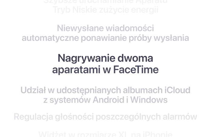 Pionowa lista funkcji, z wyróżnioną na środku w pogrubioną czcionką funkcją Nagrywanie dwoma aparatami w FaceTime. Pozostałe funkcje pozostają rozmyte w tle.