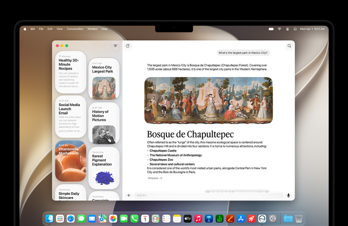 MacBook Pro 14 cali w kolorze gwiezdnej czerni. Na ekranie aplikacja Siri wyświetlająca aktywną rozmowę z Siri AI i poprzednie konwersacje na pasku bocznym