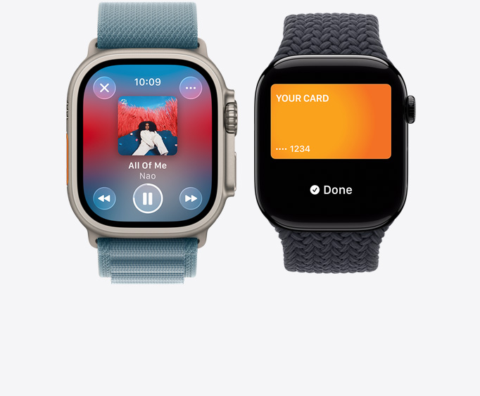 Apple Watch Ultra 3 z kopertą z tytanu w kolorze naturalnym, widoczny ekran Odtwarzane w aplikacji Apple Music, Apple Watch Series 11 z kopertą z aluminium w kolorze polerowanego onyksu, ekran Apple Pay, karta Apple Card