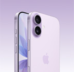 iPhone 17, culoare Lavandă, vedere frontală, spate în unghi, sistem de camere Dual Fusion în partea din stânga sus, buton Comenzi cameră, exterior față cu ecran de la o margine la alta, butoane Acțiune, volum și lateral