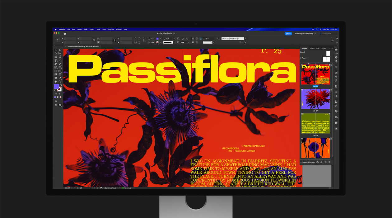Într-un fișier Adobe InDesign 2026, o pagină dublă de revistă plină de viață prezintă spațiul de culoare P3 + Adobe RGB