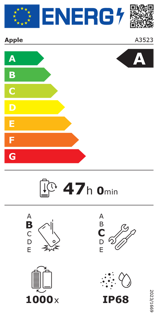 EU Energy Label QR code and information, Apple model A3523, class A, energy efficiency classes (with a scale from A to G), A (most efficient) to G (least efficient), battery endurance per cycle, 47 hours and 0 minutes per full battery charge, repeated free fall reliability class B, A (most robust) to E (least robust), repairability class C, A (most repairable) to E (least repairable), 1000 battery endurance in cycles, dust and water ingress protection (IP) rating IP68, regulation 2023/1669