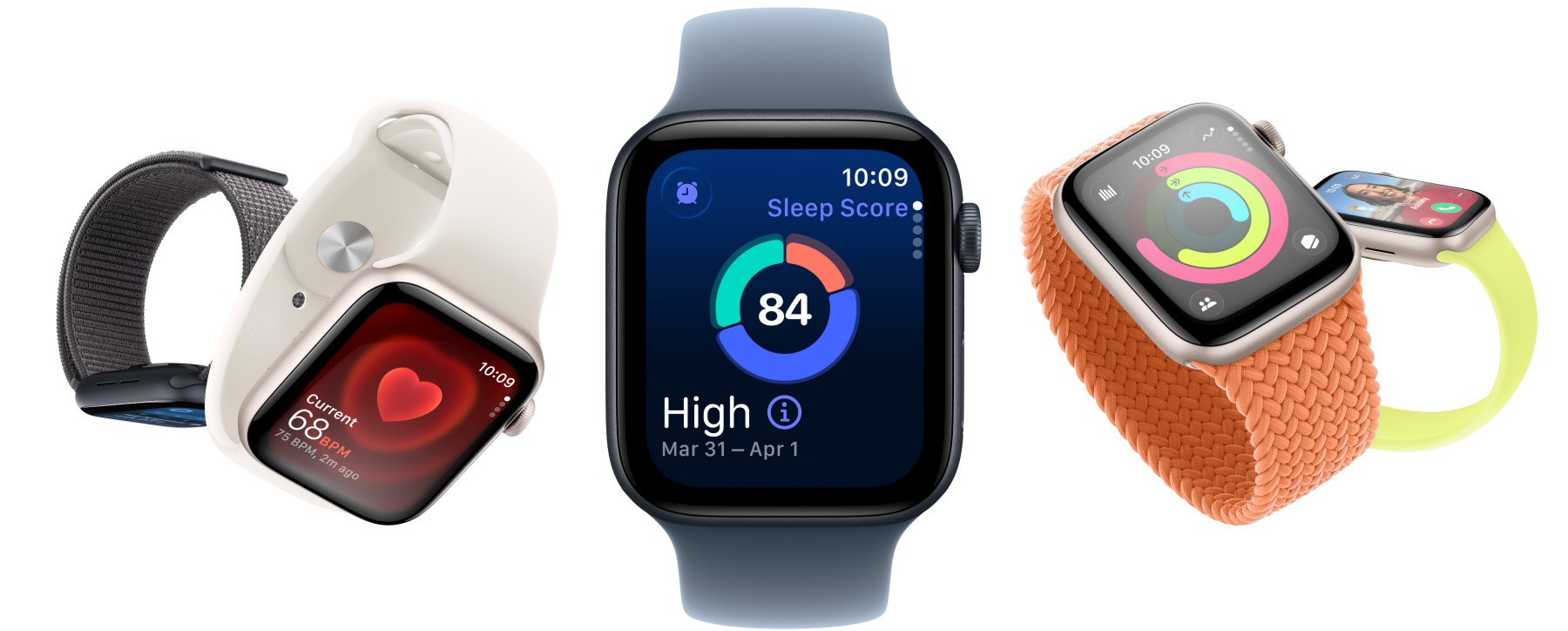 Apple Watch SE 3 s hliníkovými krytmi vo farbách hviezdna biela a polnočná, s apkami ako Vitálne funkcie, Srdcová frekvencia, Spánkové skóre, kruhy Aktivity, prichádzajúci hovor
