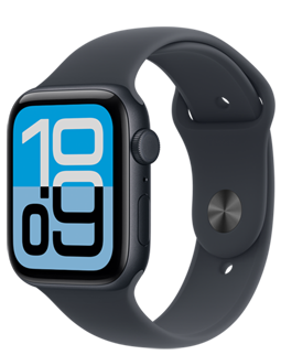 Apple Watch SE 3, hliníkový kryt vo farbe polnočná, ciferník Flux, pohľad zvonku na pravú stranu, korunka Digital Crown, mikrofón, bočné tlačidlo, športový remienok vo farbe polnočná