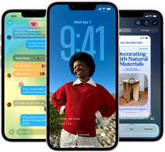 Tri iPhony 17e, na obrazovkách vidno apku Správy v dizajne Liquid Glass, dynamická zamknutá obrazovka a používanie funkcií Visual Intelligence