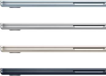 Pohľad zboku na štyri MacBooky Air v štyroch rôznych farbách