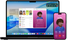MacBook Pro a iPhone 16 Plus, otvorená apka Telefón, na oboch obrazovkách sa zobrazuje rovnaký kontakt