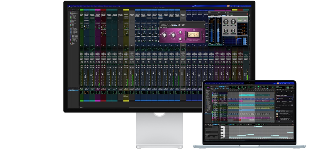 Studio Display a notebook Mac ukazujú prácu v Pro Tools s integrovaným nástrojom Splice, pričom sklo s nanotextúrou pomáha znižovať odlesky na tmavej obrazovke programu