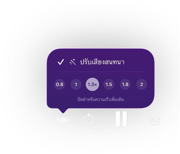 ตัวควบคุมการเล่น Apple Podcasts, เมนูป๊อปอัพสีม่วงแสดงการเปิดใช้งานคุณสมบัติปรับเสียงสนทนา, ตั้งค่าความเร็วการเล่นเป็น 1.3 เท่า โดยมีตัวเลือกตั้งแต่ 0.8 ถึง 2, ข้อความเขียนว่า ปัดสำหรับความเร็วเพิ่มเติม ตัวควบคุมด้านล่างมีทั้งข้ามไปข้างหลัง 15 วินาที หยุดชั่วคราว และข้ามไปข้างหน้า 30 วินาที 