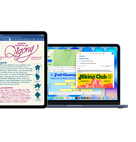 หน้าจอ iPad แสดง Goodnotes, หน้าจอ Mac แสดงแอปหลายแอปที่ถูกใช้งานพร้อมกัน