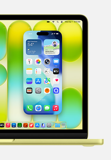 MacBook, มุมมองด้านหน้า, หน้าจอแสดงคุณสมบัติการสะท้อนหน้าจอ iPhone ซึ่งผู้ใช้สามารถควบคุมหน้าจอ iPhone จาก Mac ได้