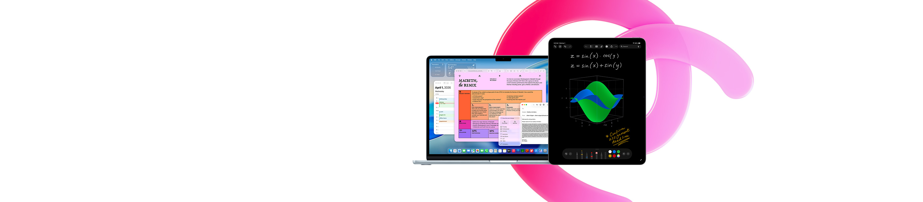 MacBook Air แสดงหน้าต่าง Pages, ปฏิทิน, การเตือน และเมล โดยอยู่ข้างๆ iPad ที่แสดงสมการที่เขียนด้วยลายมือโน้ตคณิตศาสตร์ ซึ่งแสดงให้เห็นถึงประสิทธิภาพการทํางานด้วยแอปที่มีในตัว