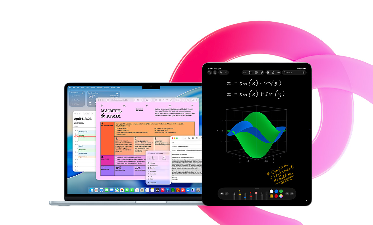 MacBook Air แสดงหน้าต่าง Pages, ปฏิทิน, การเตือน และเมล โดยอยู่ข้างๆ iPad ที่แสดงสมการที่เขียนด้วยลายมือโน้ตคณิตศาสตร์ ซึ่งแสดงให้เห็นถึงประสิทธิภาพการทํางานด้วยแอปที่มีในตัว